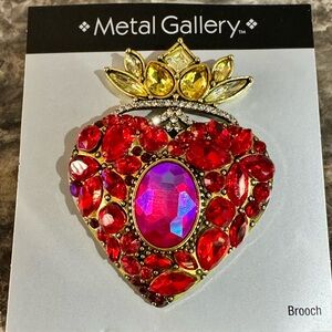 Metal Gallery Heart & Crown Red & Yellow Rhinestone Brooch / Pin New